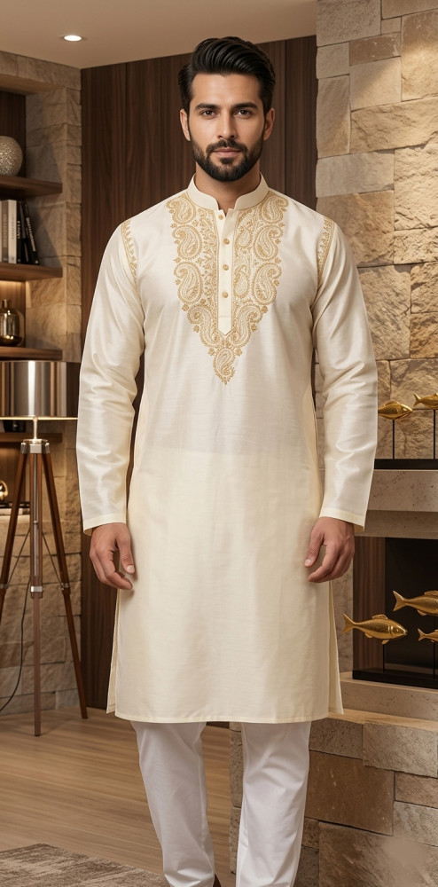 Image of Beige Cotton Chikankari Kurta
