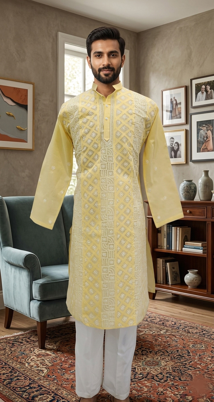 Rohia Yellow Cotton Mens Chikankari Kurta