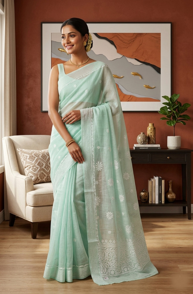 Image of Sea Green Chanderi Hand Embroidered Chikankari Saree I Rohia By Chhangamal