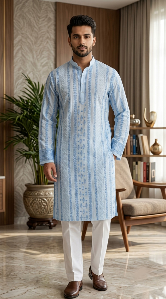 Image of Sky Blue Cotton Chikankari Kurta