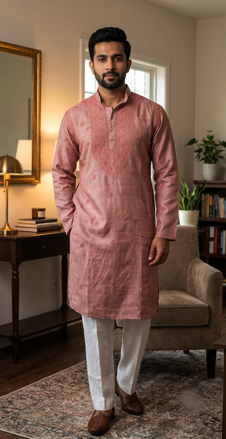 Pink  Tusser Silk Chikankari Kurta
