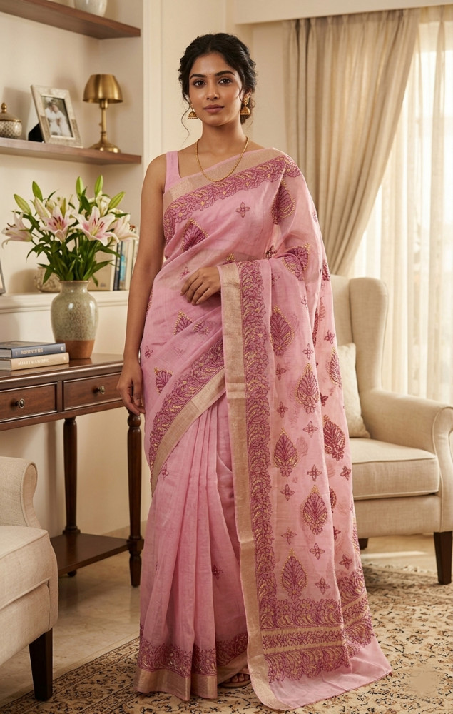 Image of Onion Pink Hand Embroidered Chanderi Chikankari Saree