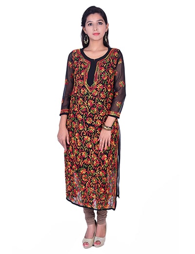 Chhangamal Hand Embroidered Kashmiri Gala Black Cotton Chikan Kurta