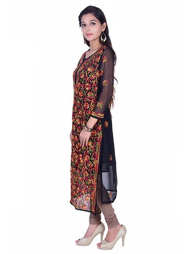 Chhangamal Hand Embroidered Kashmiri Gala Black Cotton Chikan Kurta