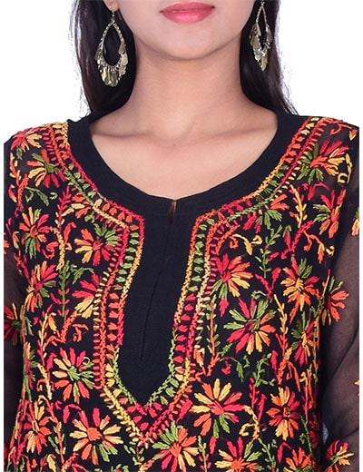 Rohia by Chhangamal Hand Embroidered Black Georgette Front Jaal Kurti 0523