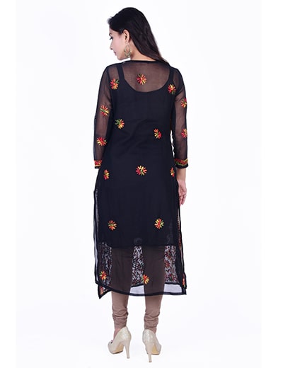 Rohia by Chhangamal Hand Embroidered Black Georgette Front Jaal Kurti 0523