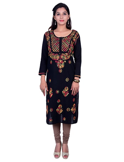 Chhangamal Hand Embroidered Black Cotton Chikan Kurti