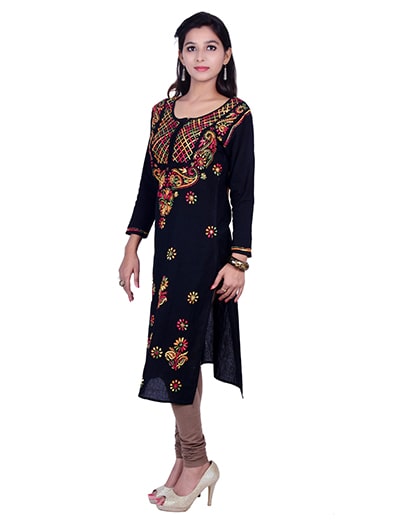 Chhangamal Hand Embroidered Black Cotton Chikan Kurti