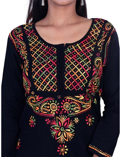 Chhangamal Hand Embroidered Black Cotton Chikan Kurti