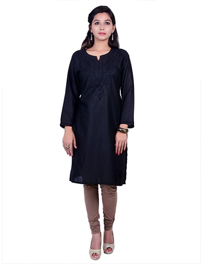Chhangamal Hand Embroidered Kashmiri Gala Black Cotten Chikan Kurti