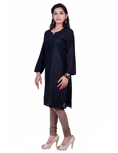 Chhangamal Hand Embroidered Kashmiri Gala Black Cotten Chikan Kurti
