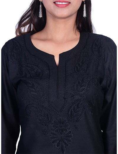 Chhangamal Hand Embroidered Kashmiri Gala Black Cotten Chikan Kurti