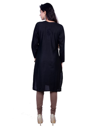 Chhangamal Hand Embroidered Kashmiri Gala Black Cotten Chikan Kurti