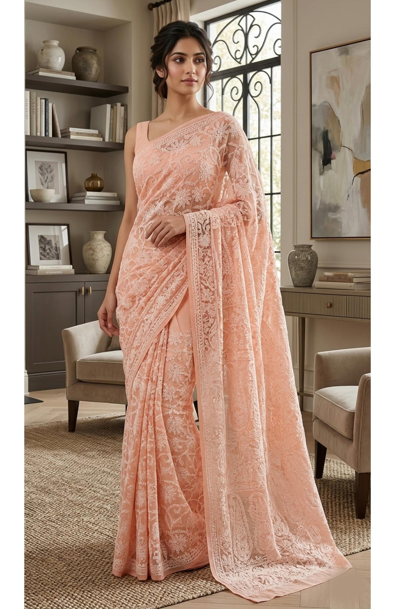 Peach  Faux Georgette  Hand Embroidered Chikankari Saree