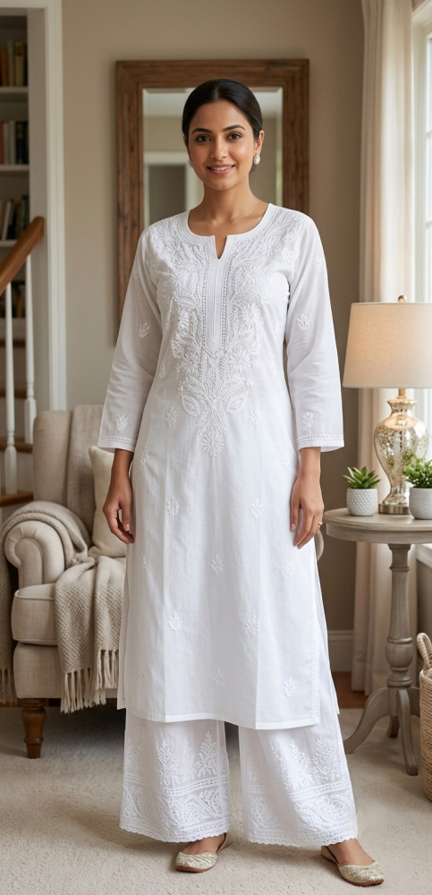 Image of White Cotton Hand Embroidered Chikankari Kurti