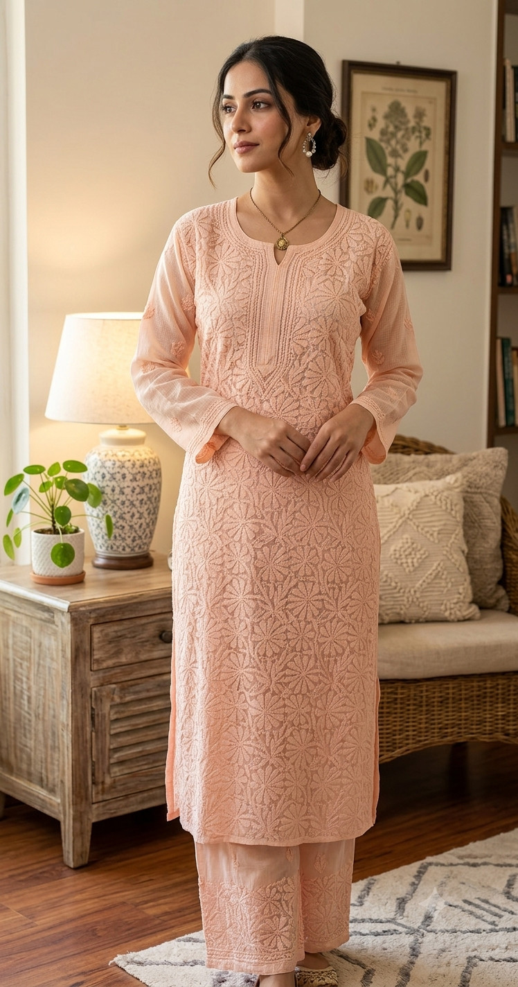 Peach Pink Pure Kota Chikankari Kurta Slip & Pant Set