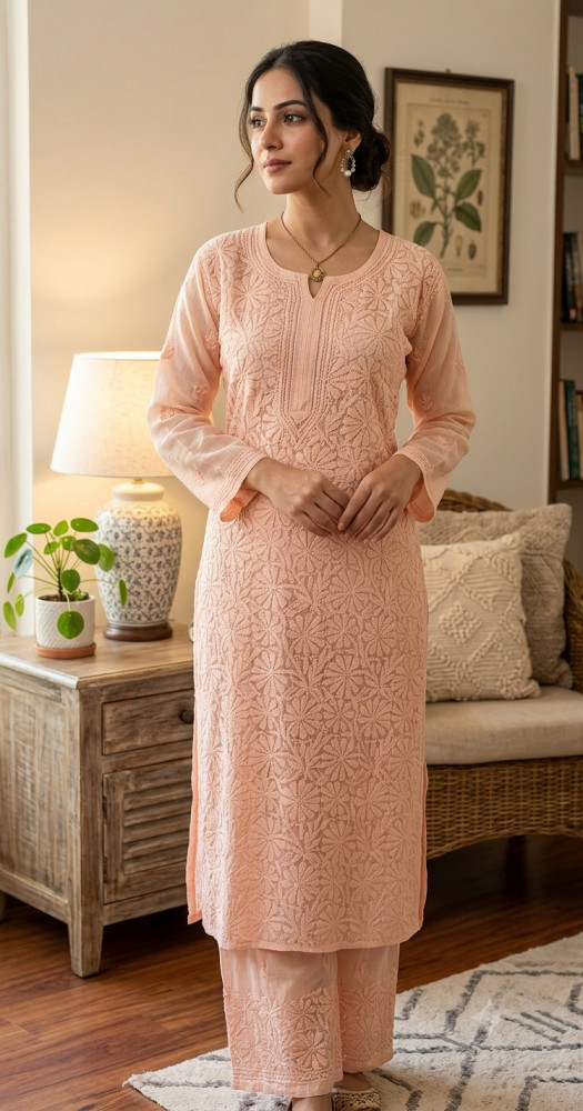 Image of Peach Pink Pure Kota Chikankari Kurta, Slip &amp; Pant Set
