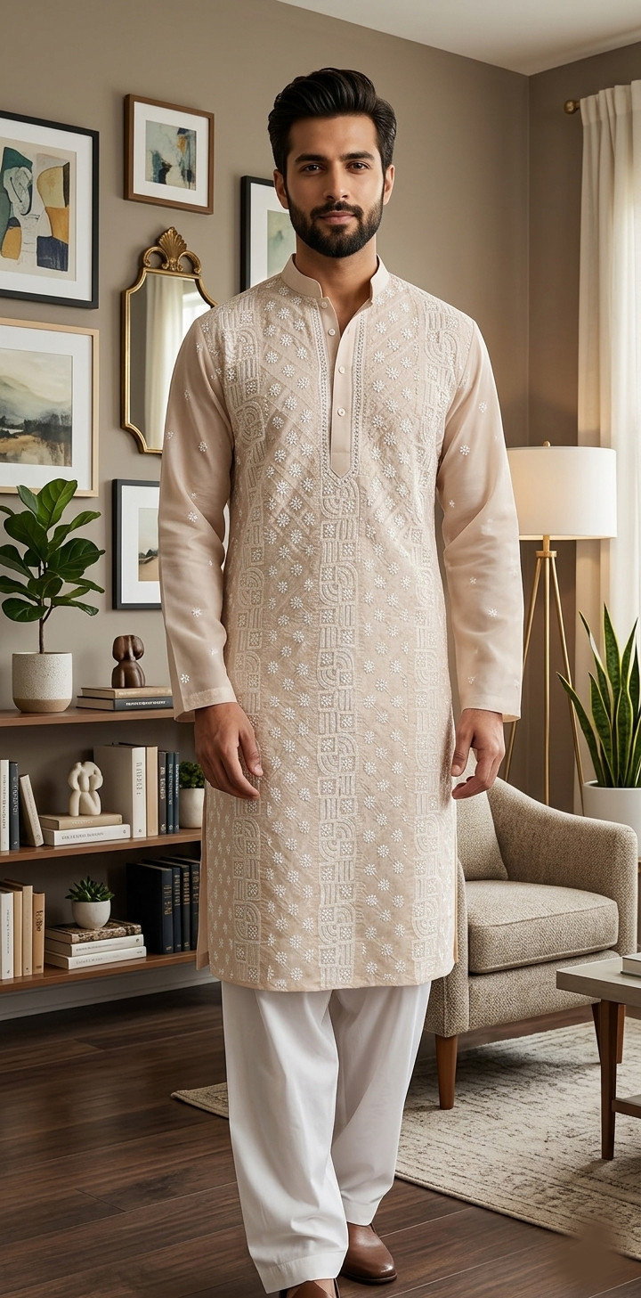 Peach Pink  Cotton Chikankari Kurta I Rohia By Chhangamal