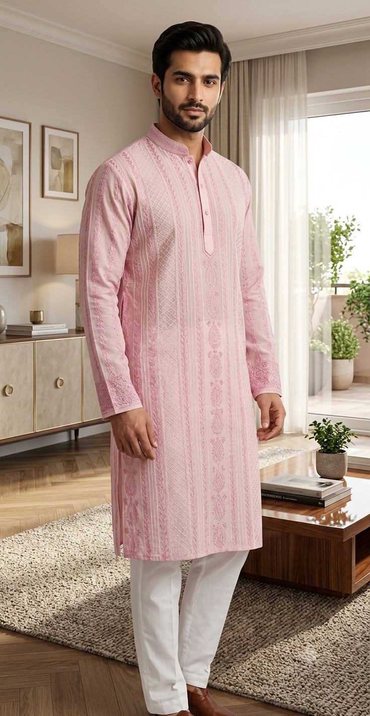 Onion Pink Cotton  Chikankari Kurta