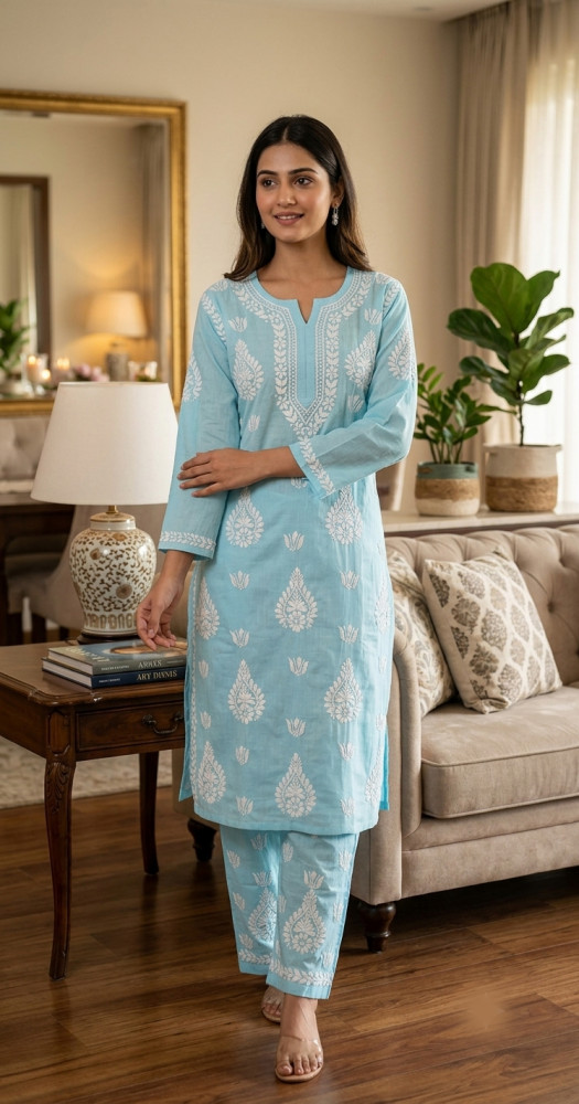 Image of Blue Cotton Chikankari Kurta &amp; Pant Set