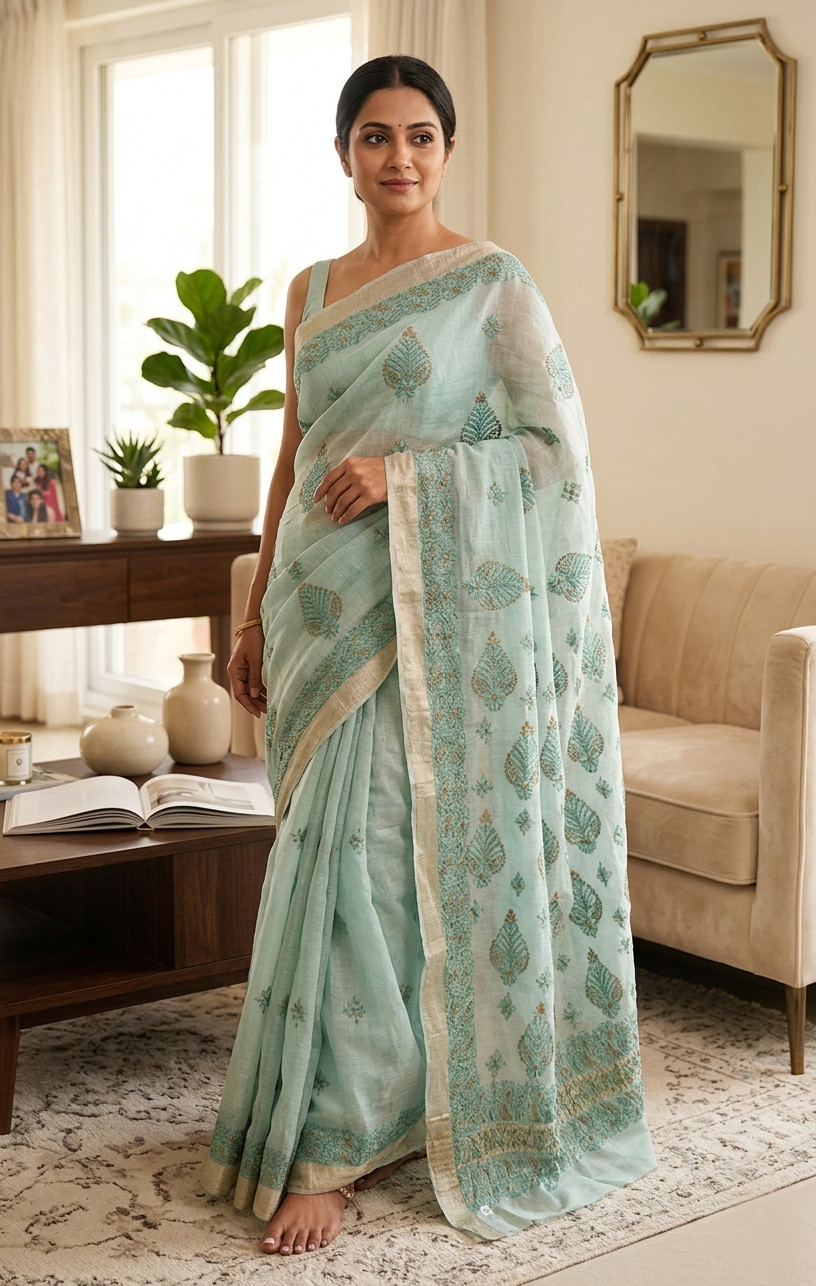 Light Green Hand Embroidered Chanderi Chikankari Saree