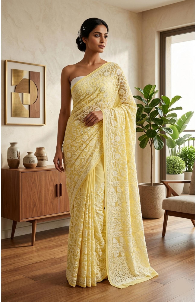 Image of Yellow Faux Georgette  Hand Embroidered Chikankari Saree