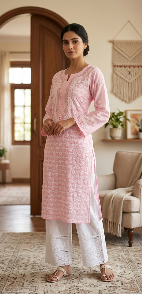 Image of Pink Cotton Hand Embroidered Chikankari Kurti
