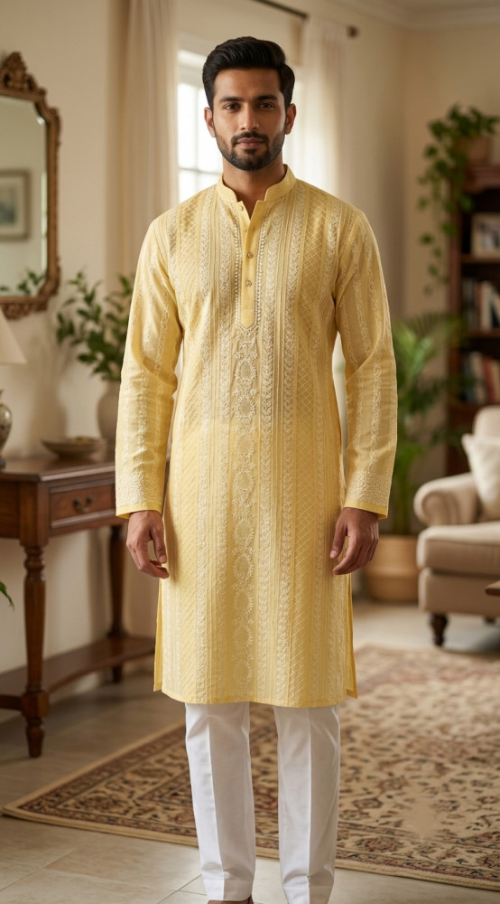 Image of Yellow Cotton  Chikankari Kurta