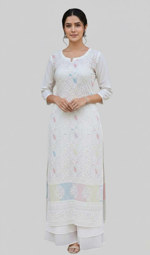 Image of Rohia White Pure Georgette Chikankari Suit Length