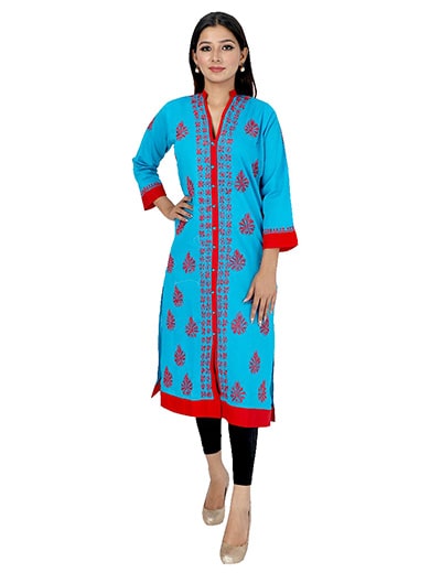 Womens Hand Embroidered Blue Cotton Chikan Kurti