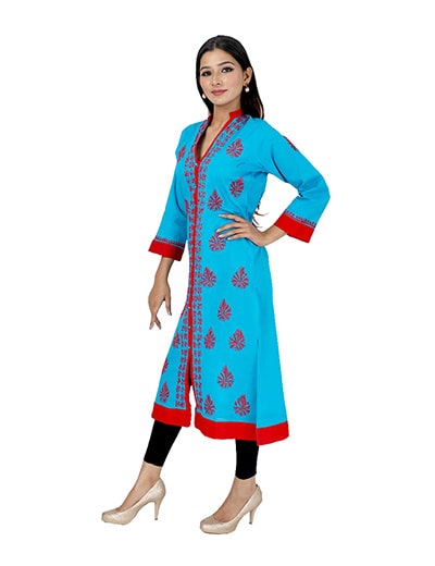 Womens Hand Embroidered Blue Cotton Chikan Kurti