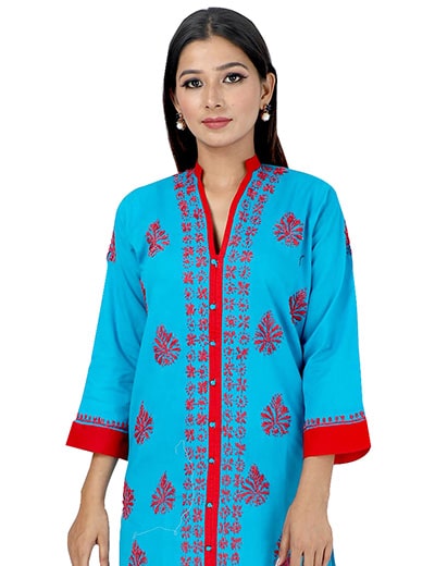 Womens Hand Embroidered Blue Cotton Chikan Kurti