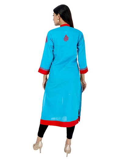 Womens Hand Embroidered Blue Cotton Chikan Kurti
