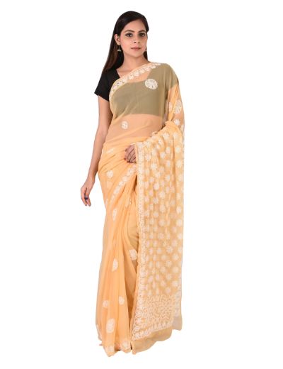 Chhangamal Hand Embroidered Beige Faux Georgette Chikankari Saree