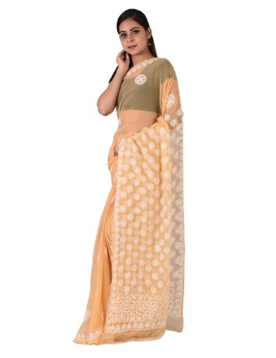Chhangamal Hand Embroidered Beige Faux Georgette Chikankari Saree