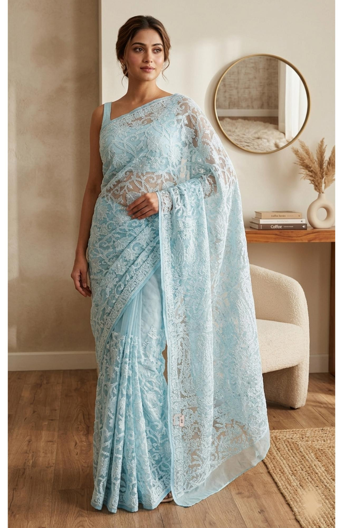 Blue Faux Georgette  Hand Embroidered Chikankari Saree