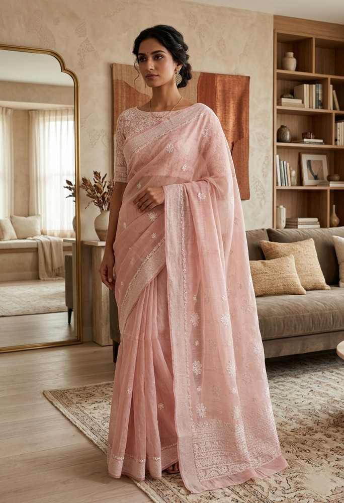 Image of Onion Pink  Chanderi Hand Embroidered Chikankari Saree I Rohia By Chhangamal