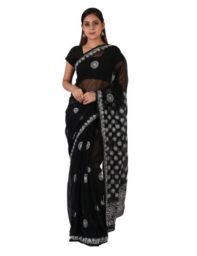 Chhangamal Hand Embroidered Black Faux Georgette Chikankari Saree