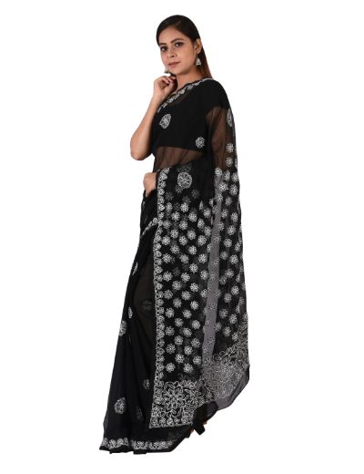 Chhangamal Hand Embroidered Black Faux Georgette Chikankari Saree