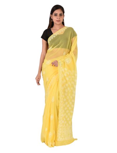 Chhangamal Hand Embroidered Yellow Faux Georgette Chikankari Saree