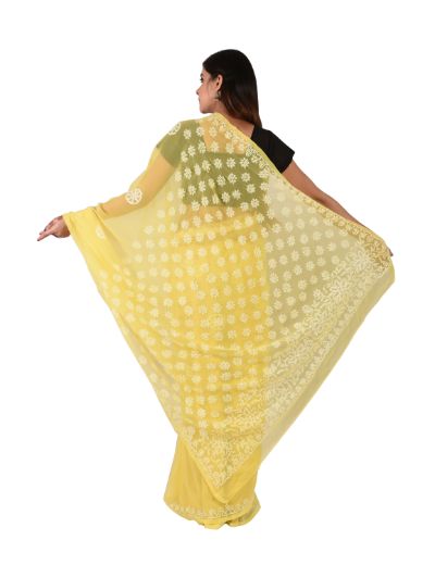 Chhangamal Hand Embroidered Yellow Faux Georgette Chikankari Saree
