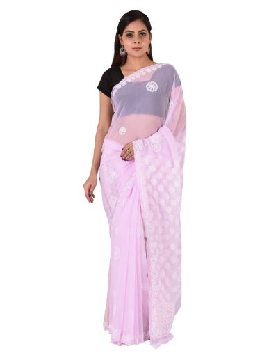 Chhangamal Hand Embroidered Pink Faux Georgette Chikankari Saree