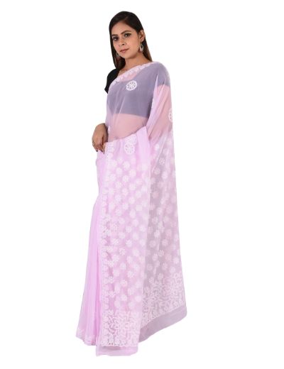 Chhangamal Hand Embroidered Pink Faux Georgette Chikankari Saree
