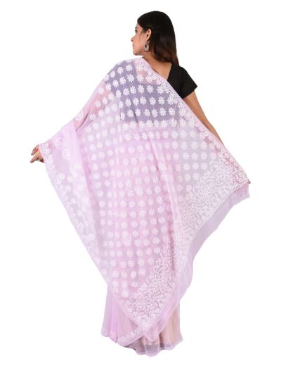 Chhangamal Hand Embroidered Pink Faux Georgette Chikankari Saree