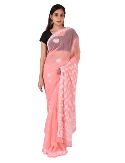 Chhangamal Hand Embroidered Peach Faux Georgette Chikankari Saree