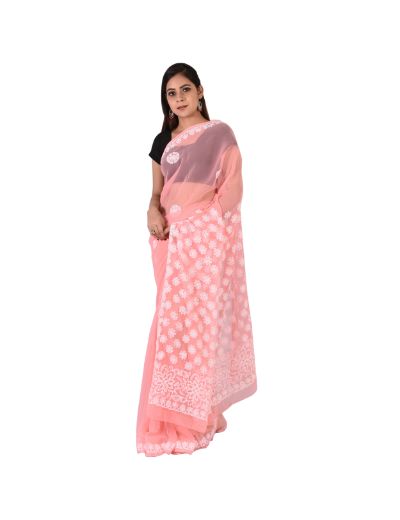 Chhangamal Hand Embroidered Peach Faux Georgette Chikankari Saree