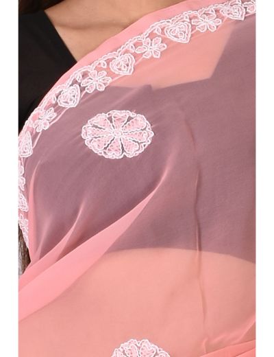 Chhangamal Hand Embroidered Peach Faux Georgette Chikankari Saree