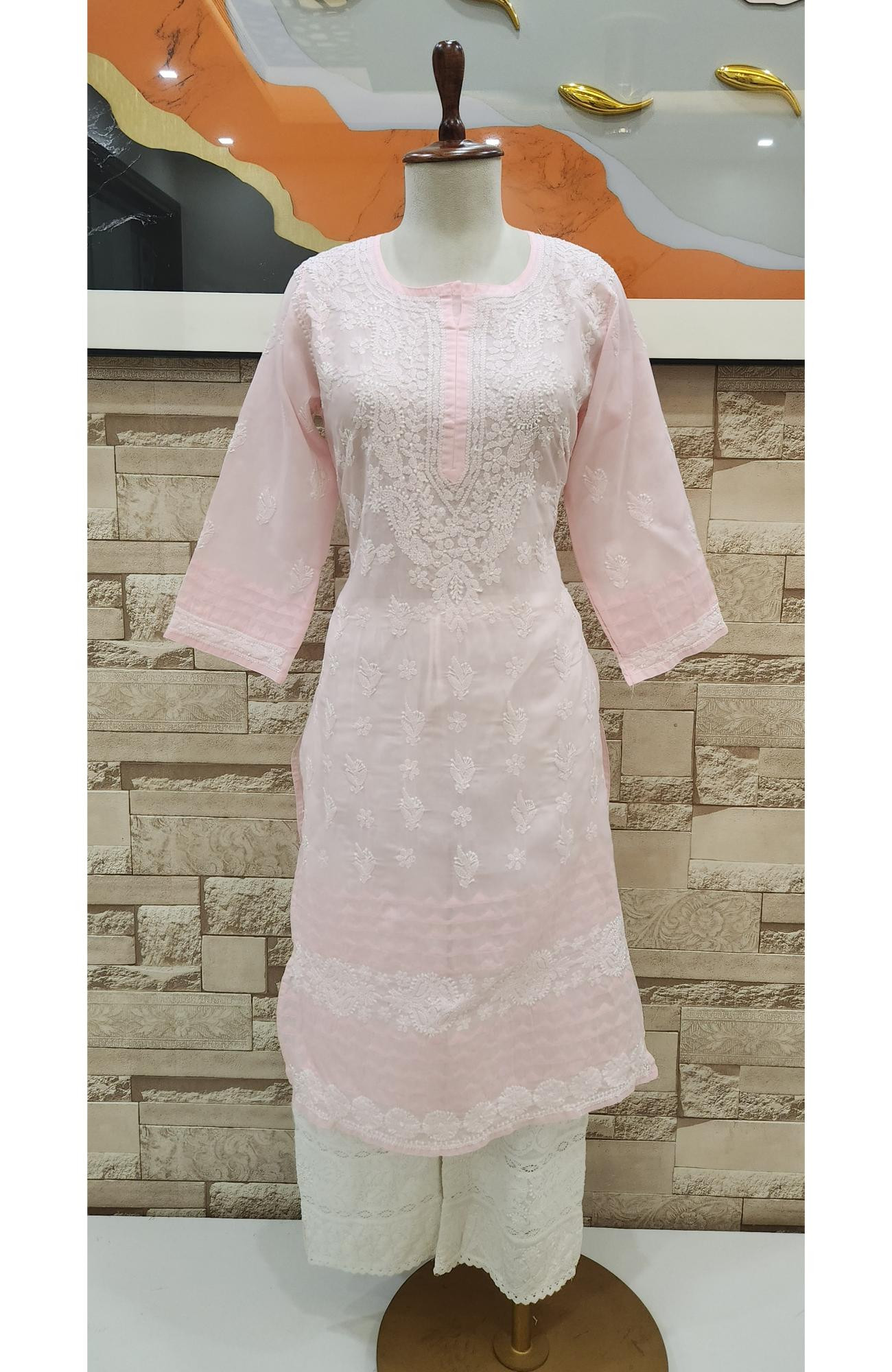 Pink Cotton Hand Embroidered Chikankari Kurti  Rohia By Chhangamal