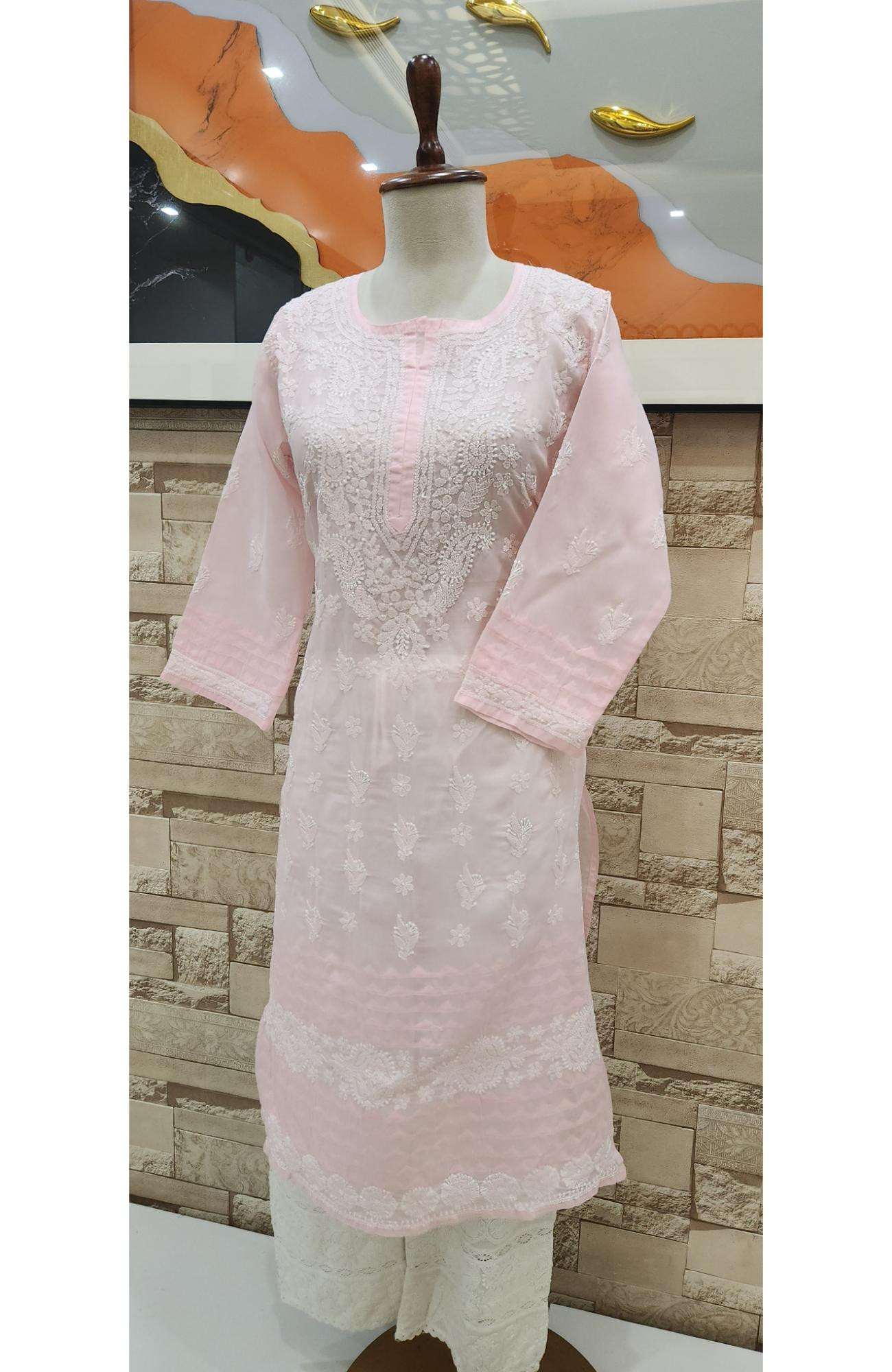 Pink Cotton Hand Embroidered Chikankari Kurti  Rohia By Chhangamal