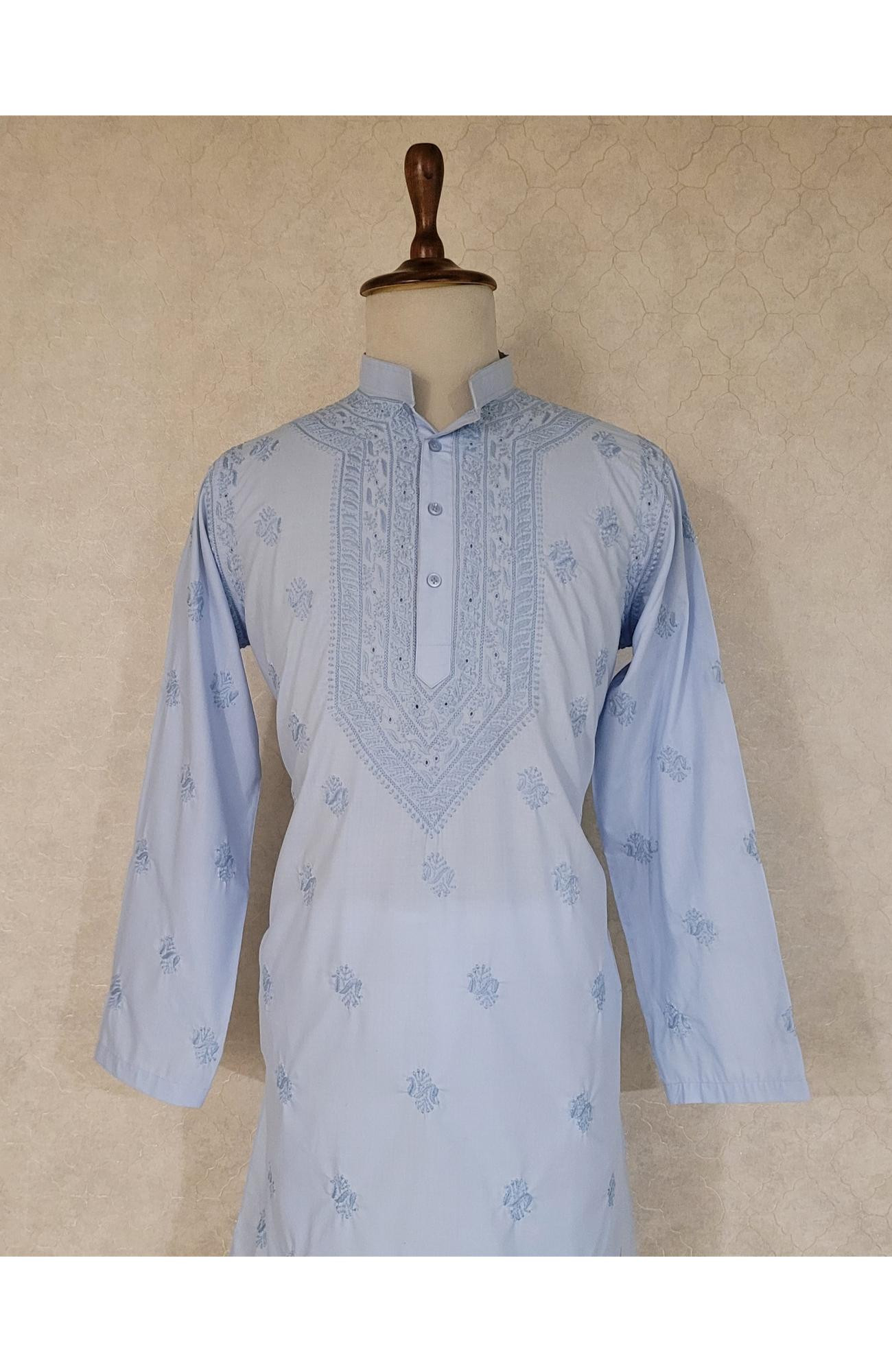 Blue Cotton Linen Chikankari Kurta